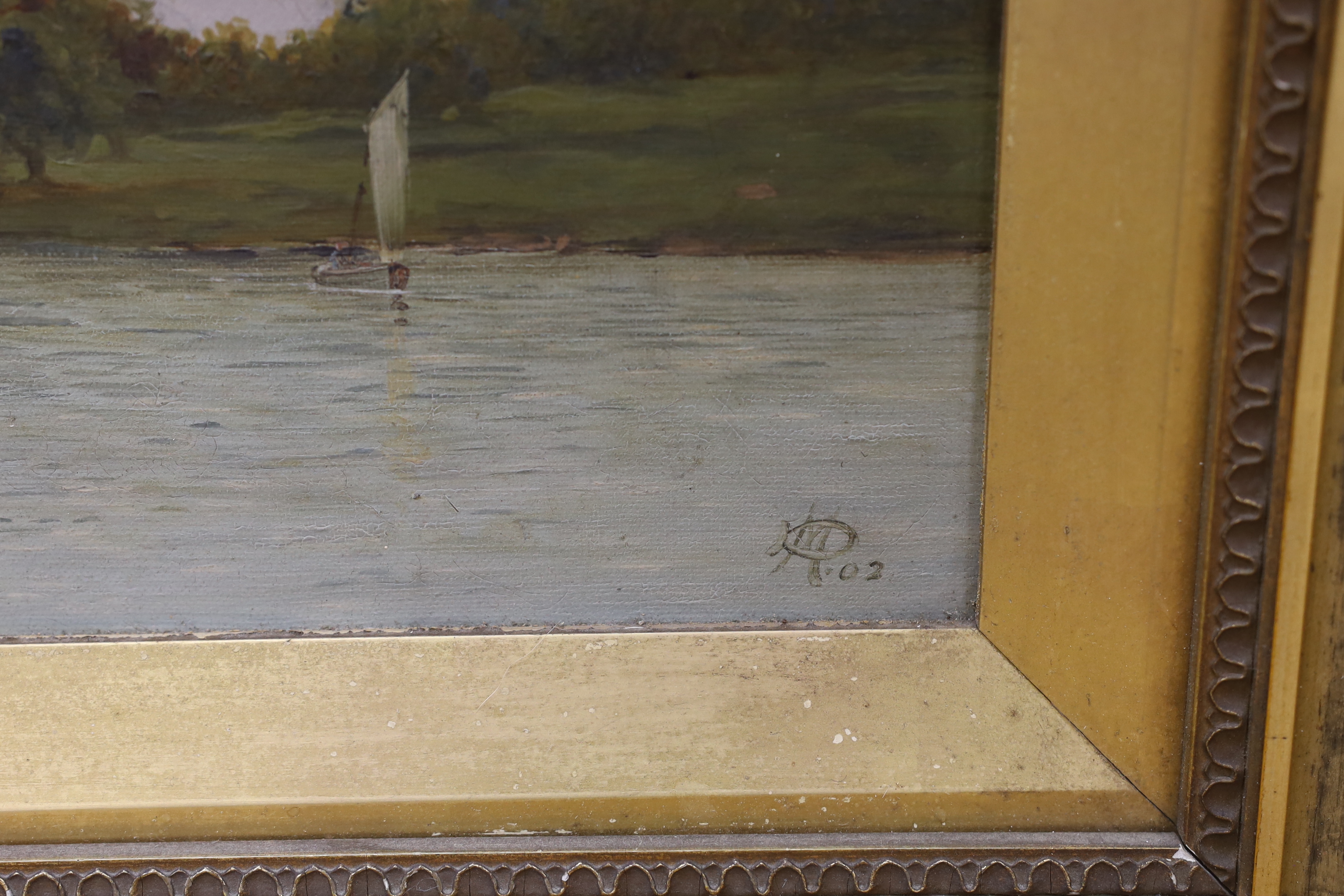 Edwardian School, oil on canvas, River scene with castle, monogram DM and dated 1902, 34 x 24cm